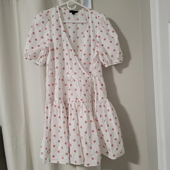 J.crew White Polka Dot V-Neck puff Sleeve Poplin Wrap mini Dress. - Picture 4 of 12